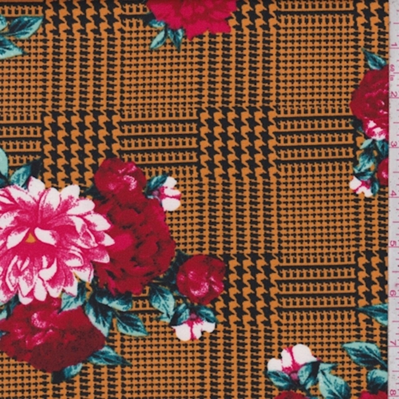 Orange/Black Glen Plaid Floral Double Brushed Jersey Knit Fabric By the Yard